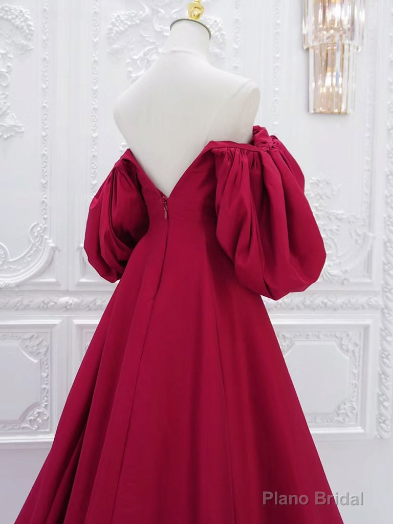 Red V Neck Satin Long Prom Dress, Red Puff Sleeves Satin Long Formal Dress