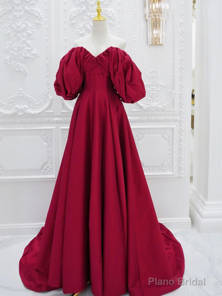 Red V Neck Satin Long Prom Dress, Red Puff Sleeves Satin Long Formal Dress
