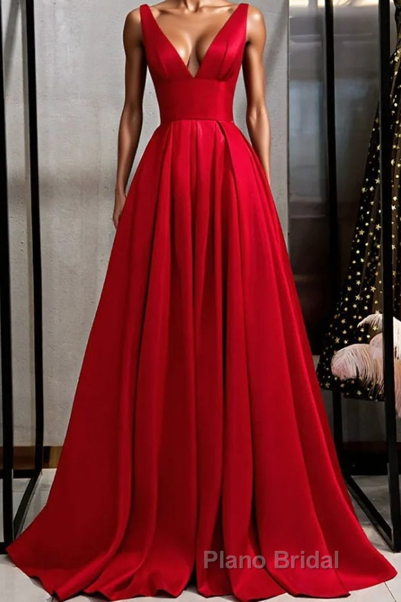 Red v neck satin long Formal Prom dress simple red evening dress Main image