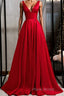 Red v neck satin long Formal Prom dress simple red evening dress