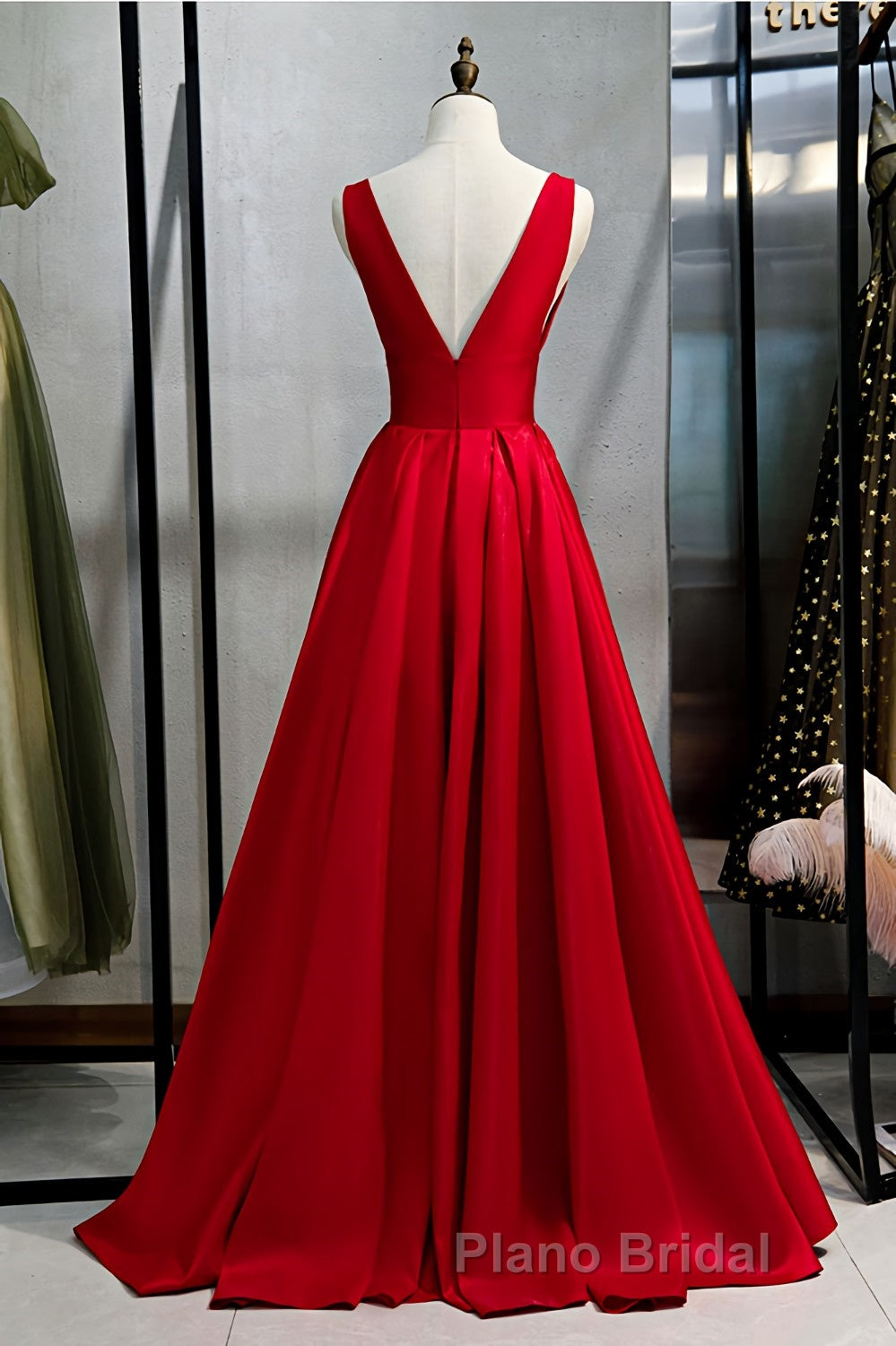 Red v neck satin long Formal Prom dress simple red evening dress Secondary image