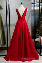 Red v neck satin long Formal Prom dress simple red evening dress