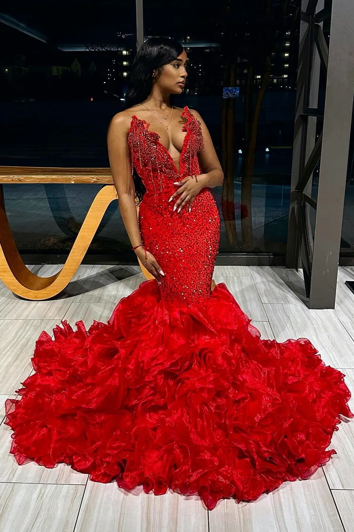 Red V-Neck Strapless Ruffles Mermaid Sleeveless Gorgeous Prom Dresses Main image