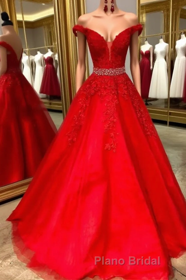 Red v neck tulle lace long Formal Prom dress, red tulle evening dress Main image