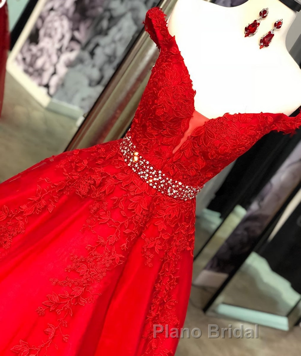 Red v neck tulle lace long Formal Prom dress, red tulle evening dress Secondary image