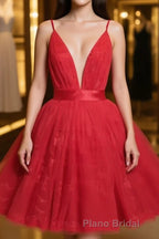 Red v neck tulle lace short Formal Prom Dresses,Mini homecoming Dresses cocktail Dresses
