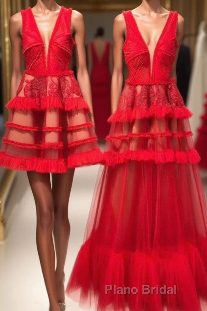Red v neck tulle long Formal Prom dress, red tulle evening dress Main image