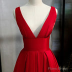 Red V-neckline Satin Floor Length Prom Dress Red Evening Gown prom dresses shops