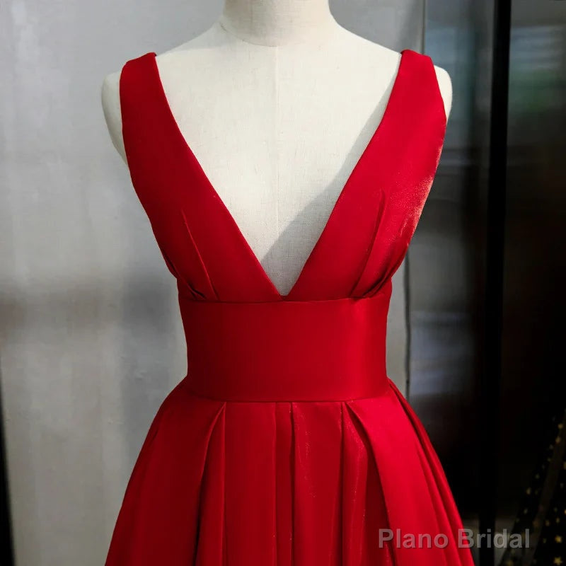 Red V-neckline Satin Floor Length Prom Dress Red Evening Gown prom dresses shops