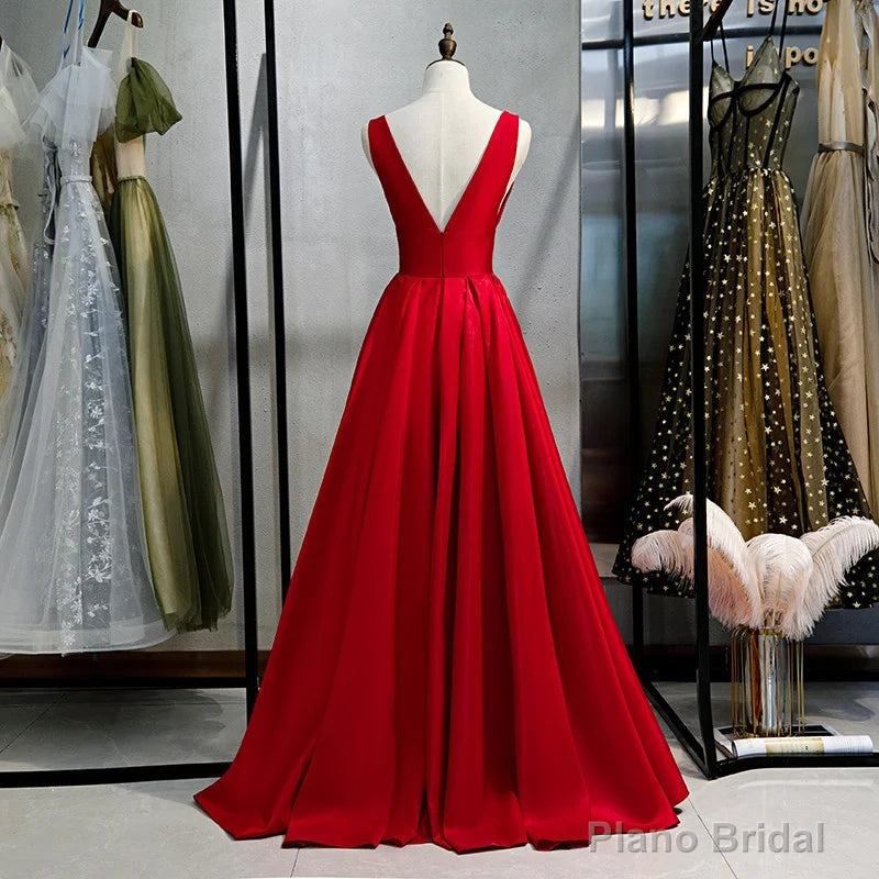 Red V-neckline Satin Floor Length Prom Dress Red Evening Gown prom dresses shops