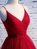 Red V-Neckline Tulle Straps Long Formal Dresses, Red Layers Formal Prom Dresses
