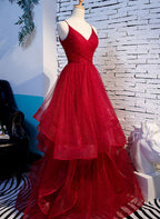 Red V-Neckline Tulle Straps Long Formal Dresses, Red Layers Formal Prom Dresses