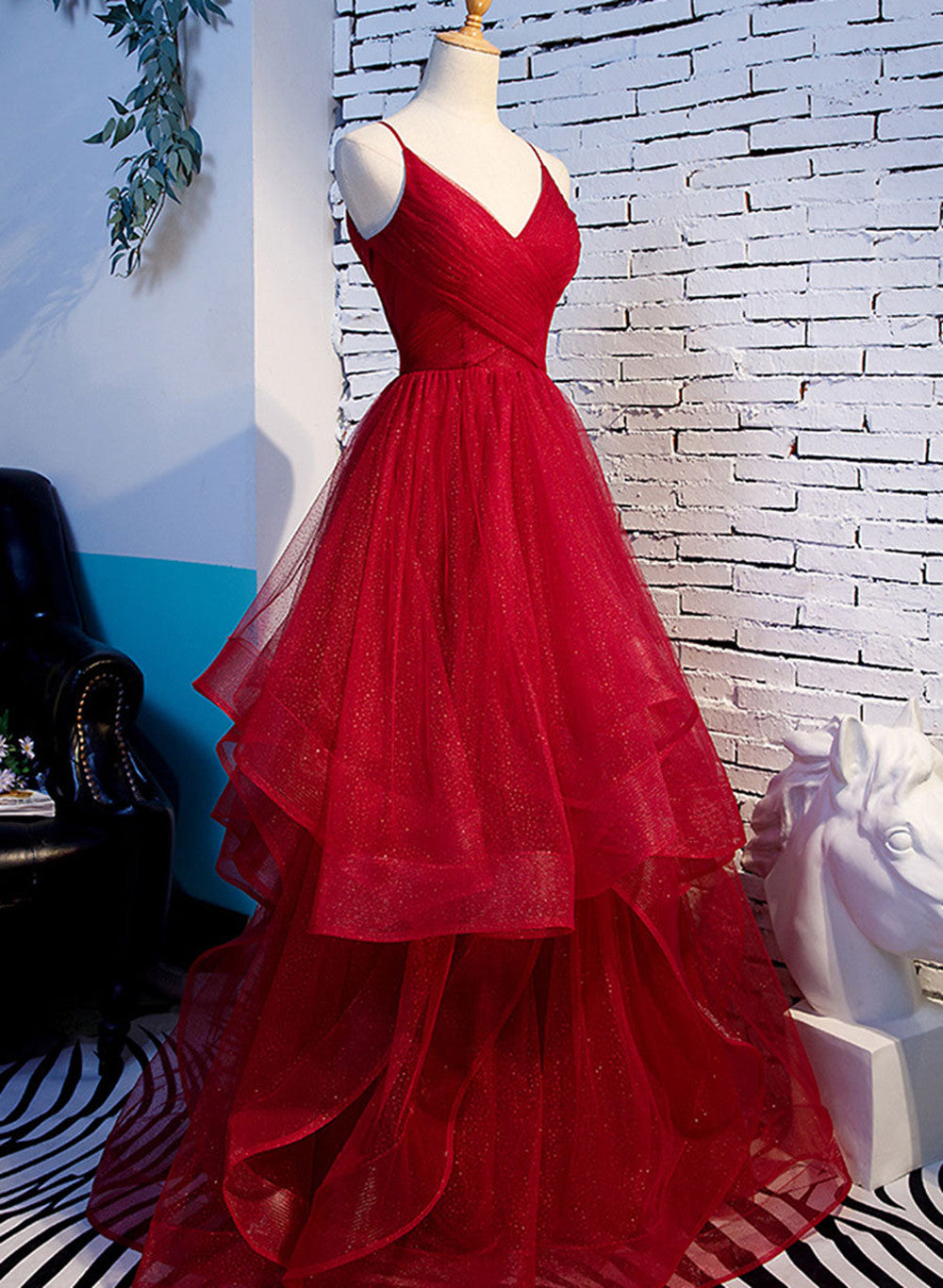 Red V-Neckline Tulle Straps Long Formal Dresses, Red Layers Formal Prom Dresses