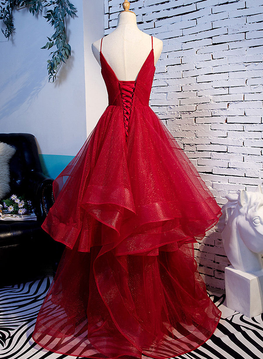 Red V-Neckline Tulle Straps Long Formal Dresses, Red Layers Formal Prom Dresses