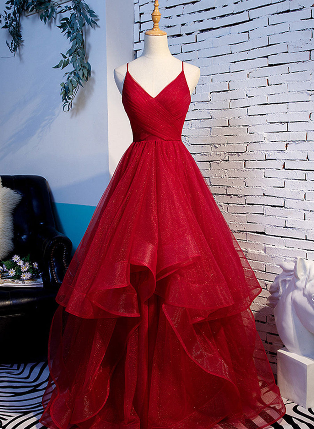 Red V-Neckline Tulle Straps Long Formal Dresses, Red Layers Formal Prom Dresses