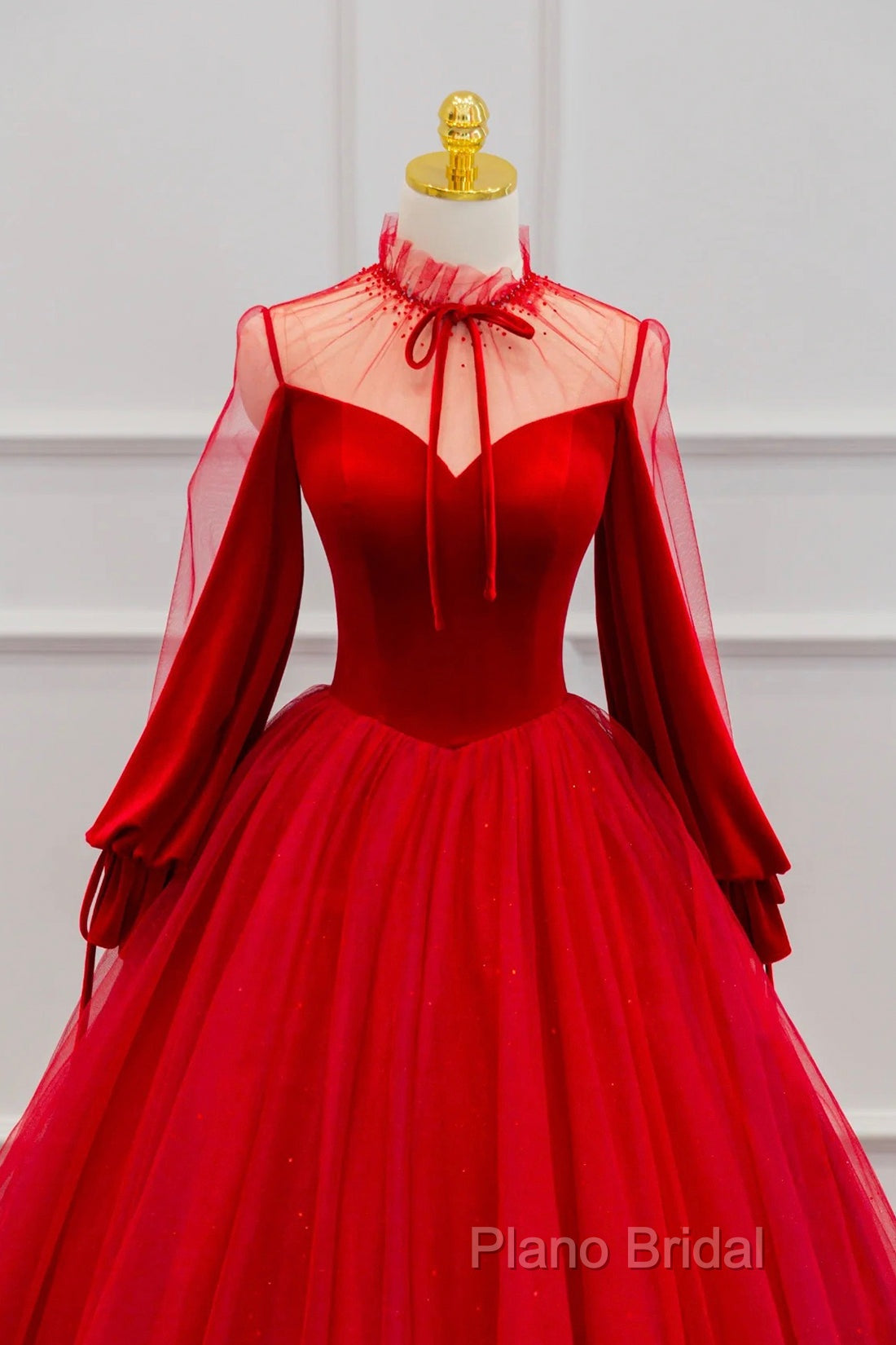 Red Velvet And Tulle Floor Length Formal Prom Dresses, Long Sleeve Beautiful A-Line Party Dresses