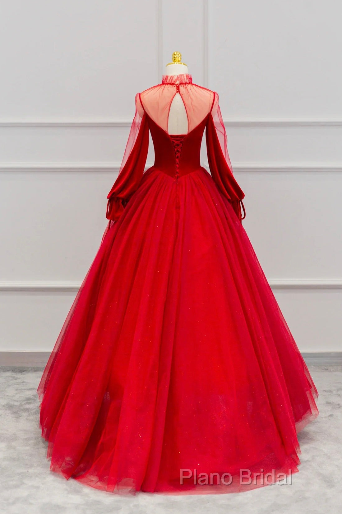 Red Velvet And Tulle Floor Length Formal Prom Dresses, Long Sleeve Beautiful A-Line Party Dresses