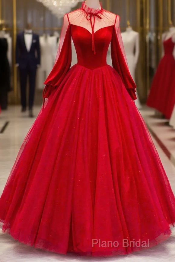 Red Velvet And Tulle Floor Length Formal Prom Dresses, Long Sleeve Beautiful A-Line Party Dresses