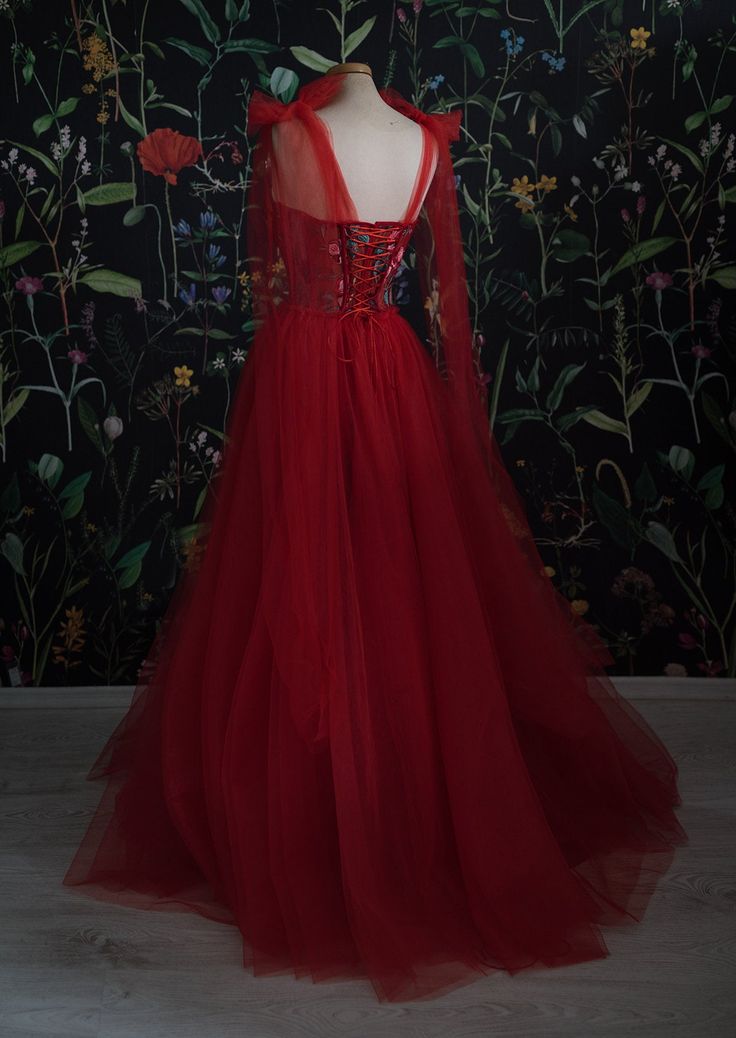 Red Velvet Formal Prom Dresses Tulle Formal Evening Gowns