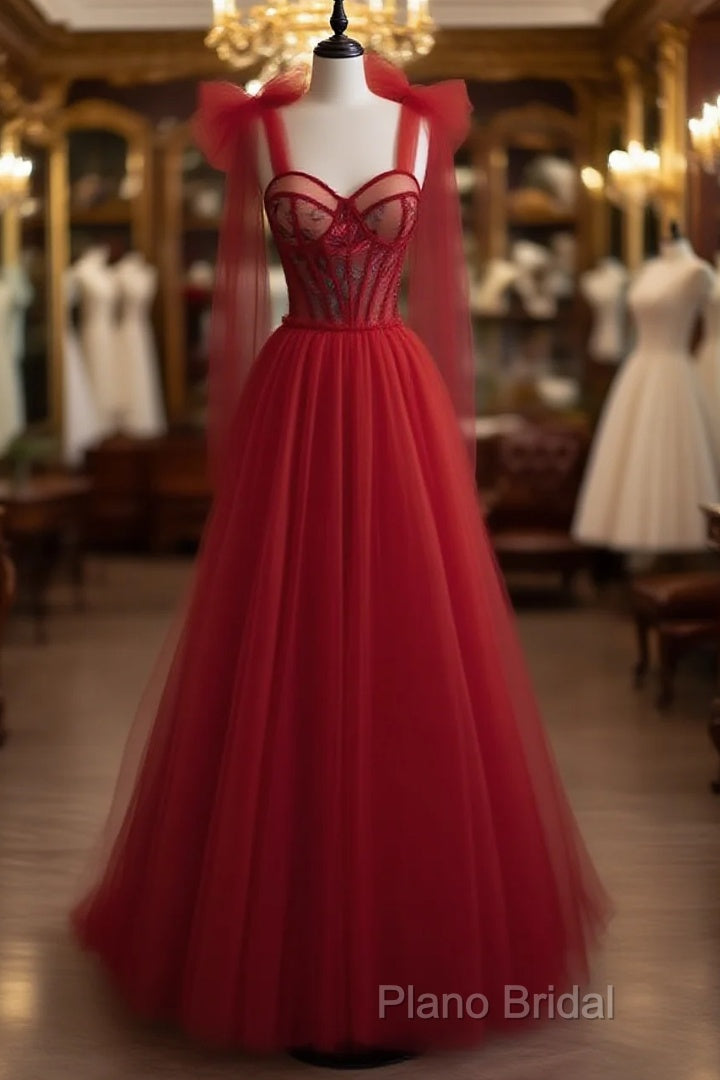Red Velvet Formal Prom Dresses Tulle Formal Gowns