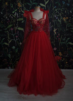Red Velvet Formal Prom Dresses Tulle Formal Evening Gowns