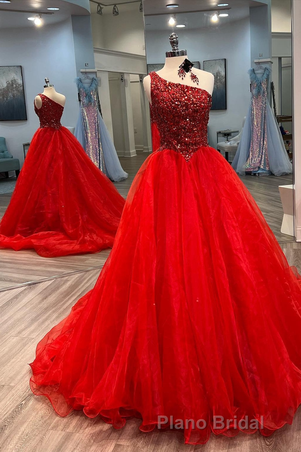 Blue Beaded One-Shoulder A-Line Long Formal Prom Dresses Secondary image