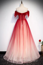 Red Off the Shoulder Long Tulle Formal Prom Dresses with Beading, Party Gown with Sequins