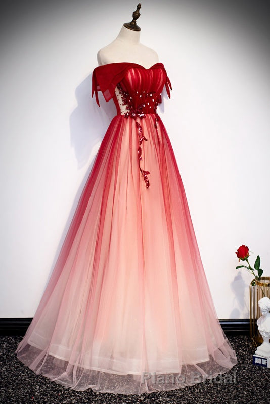 Red Off the Shoulder Long Tulle Formal Prom Dresses with Beading, Party Gown with Sequins