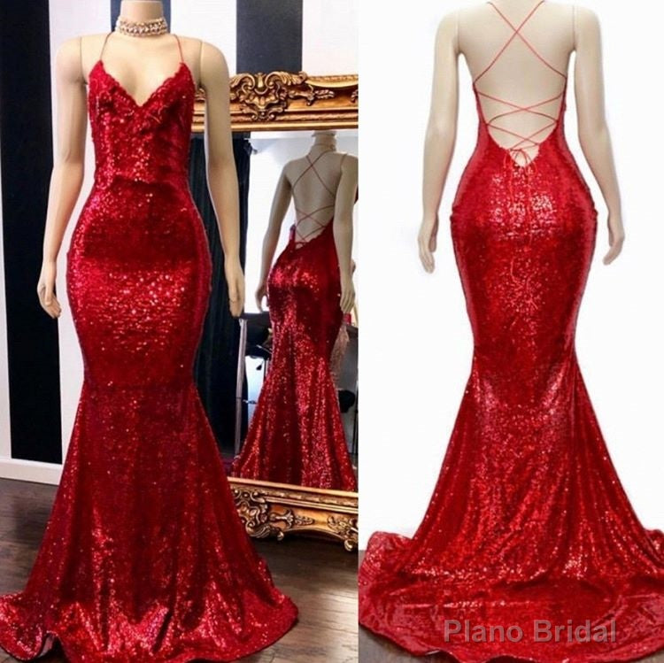 Long Sequin Red Prom Dresses Mermaid Sleeveless Evening Gown Main image