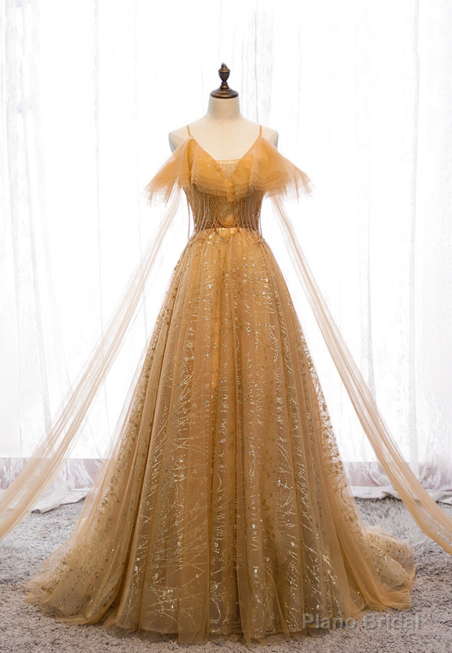 Gold V-Neck Tulle Long Prom Dresses, A-Line Evening Dresses Main image