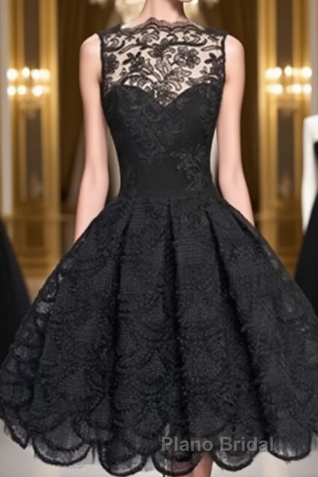 Retro A-line Black Lace Sleeveless Open Back Short Formal Prom Dresses, Homecoming Dresses Main image