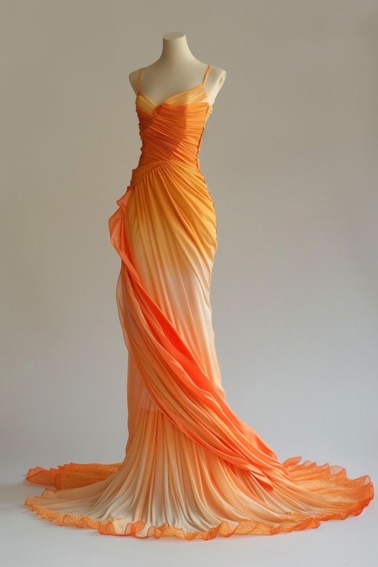 Retro A Line Spaghetti Straps Orange Ombre Chiffon Long Formal Evening Dresses Formal Prom Dresses