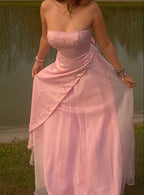 Retro A Line Strapless Pink Chiffon Long Party Dresses Formal Prom Dresses