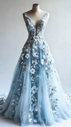 Retro A-Line V-Neck Tulle 3D Applique Wedding Dresses Simple Beaded Formal Evening Gown