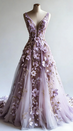 Retro A-Line V-Neck Tulle 3D Applique Wedding Dresses Simple Beaded Formal Evening Gown
