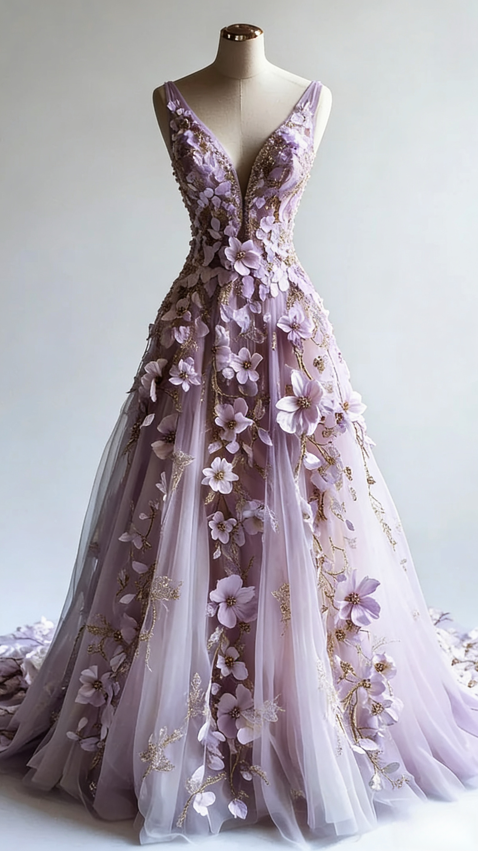 Retro A-Line V-Neck Tulle 3D Applique Wedding Dresses Simple Beaded Formal Evening Gown