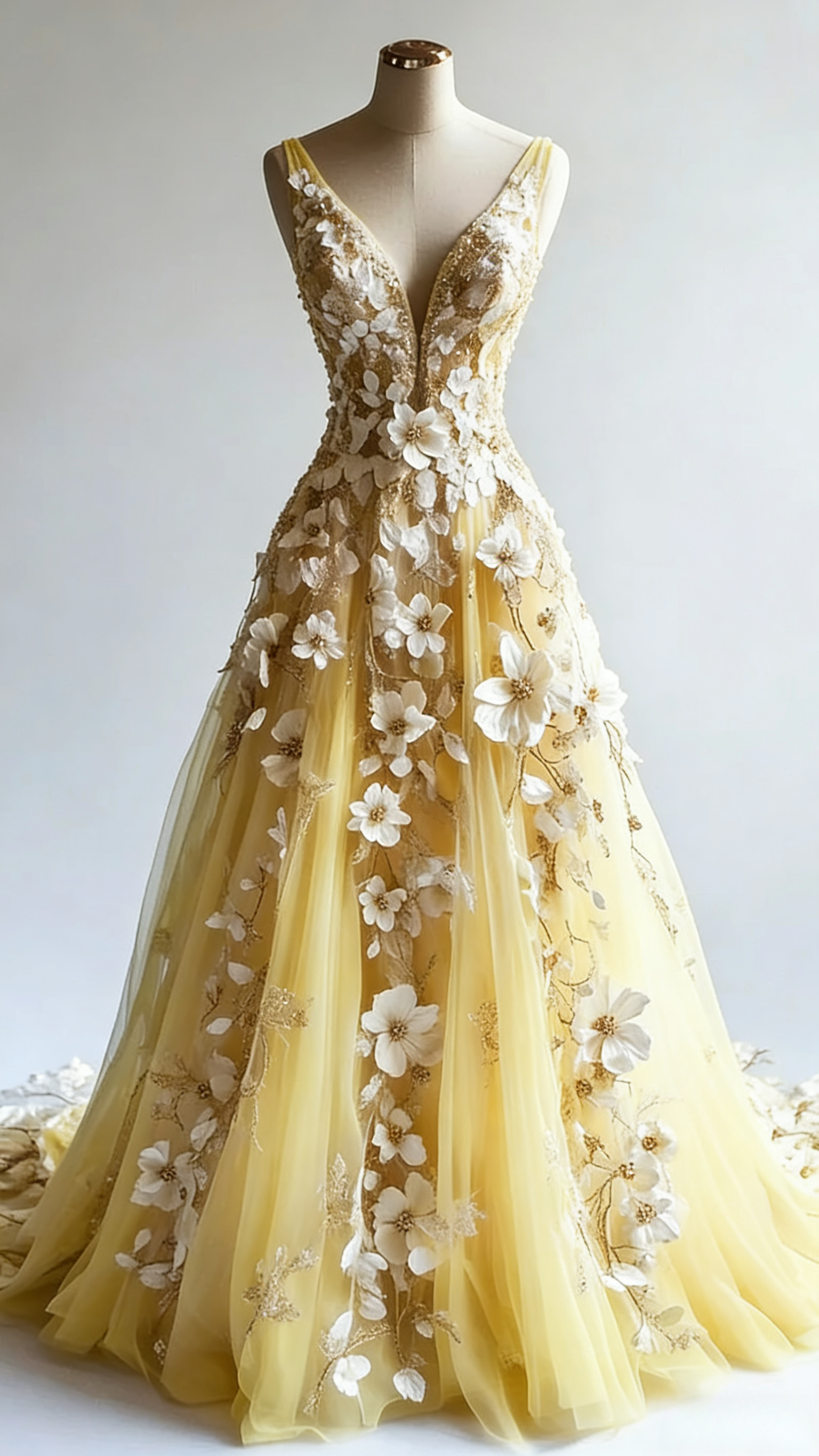 Retro A-Line V-Neck Tulle 3D Applique Wedding Dresses Simple Beaded Formal Evening Gown