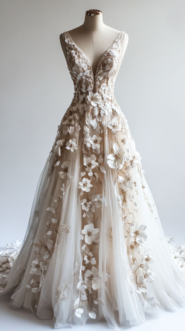 Retro A-Line V-Neck Tulle 3D Applique Wedding Dresses Simple Beaded Formal Evening Gown Main image