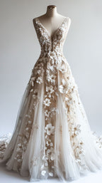 Retro A-Line V-Neck Tulle 3D Applique Wedding Dresses Simple Beaded Formal Evening Gown