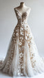 Retro A-Line V-Neck Tulle 3D Applique Wedding Dresses Simple Beaded Formal Evening Gown
