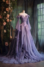 Retro Ball Gown Off The Shoulder Lilac Tulle Flowers Evening Dresses Formal Prom Dresses