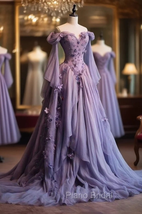 Retro Ball Gown Off The Shoulder Lilac Tulle Flowers Evening Dresses Formal Prom Dresses Main image