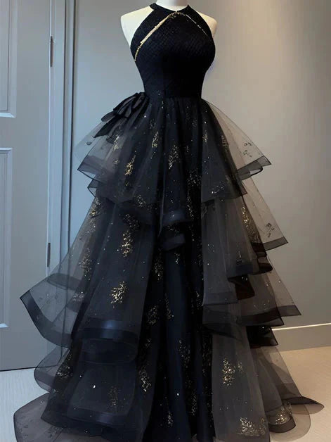 Retro Ball Gown Scoop Neckline Black Tulle Party Dresses Formal Prom Dresses Formal Evening Dresses