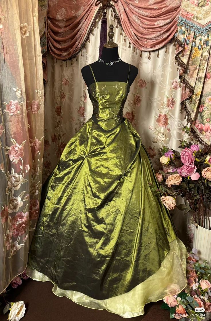Retro Ball Gown Spaghetti Straps Satin Olive Green Long Party Dresses Formal Prom Dresses Main image