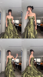 Retro Ball Gown Strapless Green Ruffles Satin Long Party Dresses Formal Prom Dresses