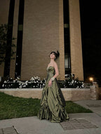Retro Ball Gown Strapless Green Ruffles Satin Long Party Dresses Formal Prom Dresses