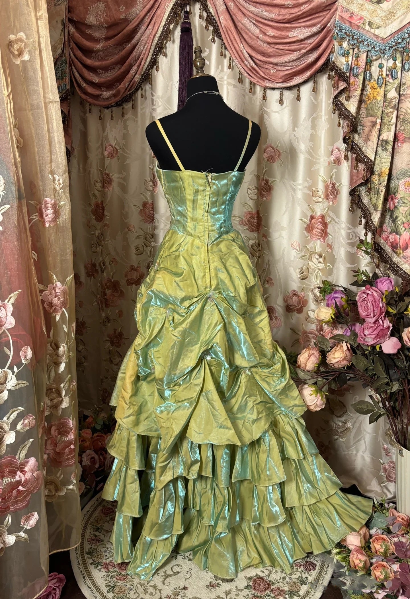 Retro Ball Gown Straps Satin Sage Green Long Party Dresses Formal Prom Dresses