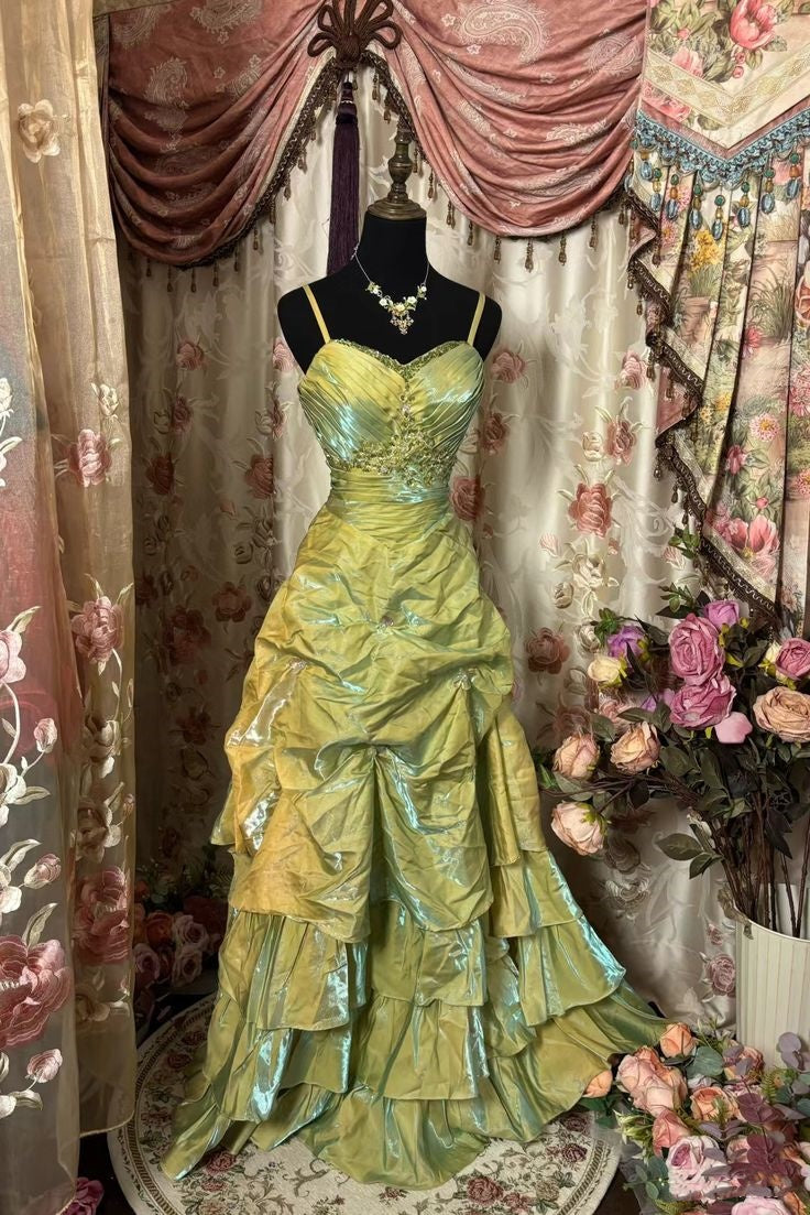 Retro Ball Gown Straps Satin Sage Green Long Party Dresses Formal Prom Dresses