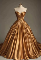 Retro Ball Gown Sweetheart Satin Gold Party Dresses Formal Prom Dresses Formal Evening Dresses