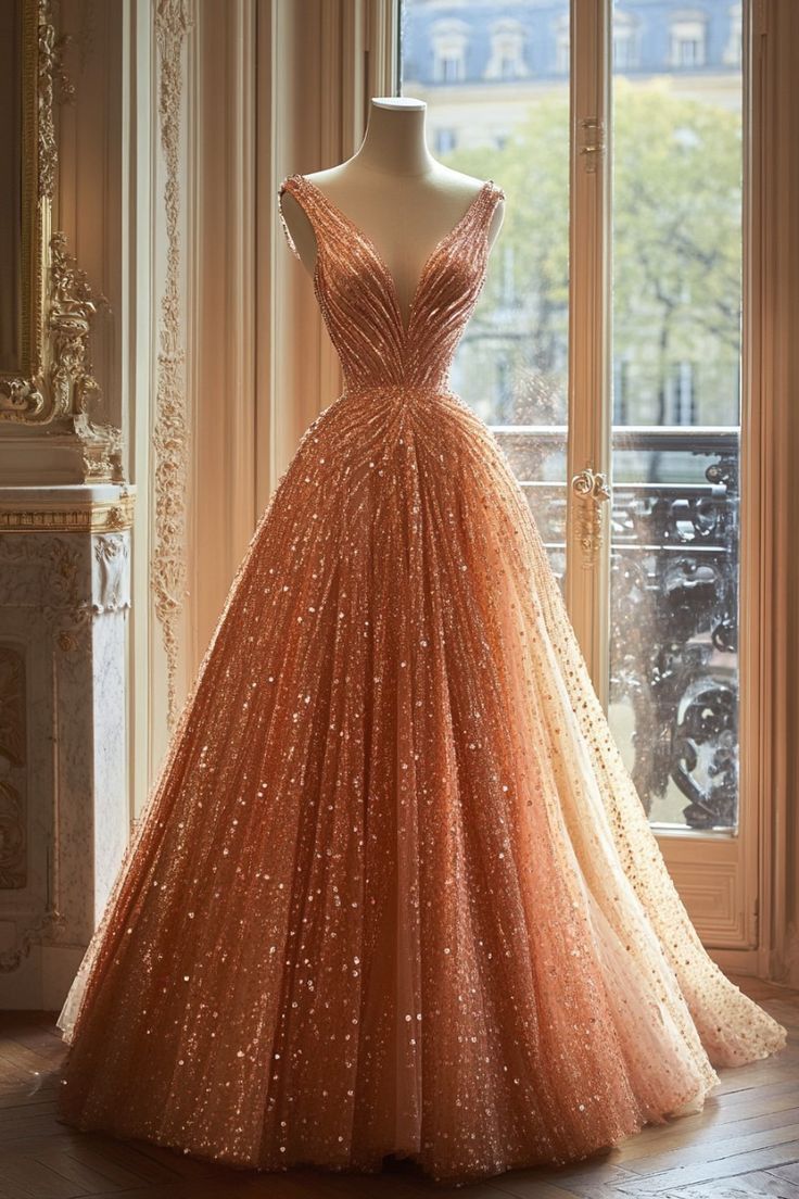 Retro Ball Gown V Neckline Sequin Party Dresses Long Formal Prom Dresses Formal Evening Dresses